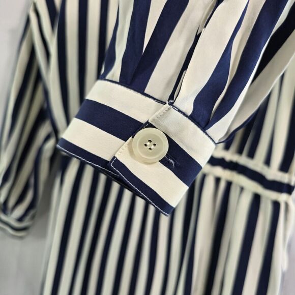 Vintage Silk Dress Womens Large 12 Navy Cream White Midi Maxi Striped Talbots - Picture 13 of 16